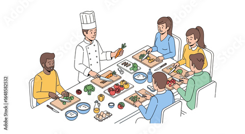 A professional chef teaching a diverse group of people how to cook in a culinary class illustration.