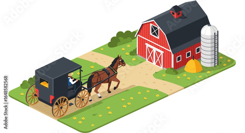 Amish Horse and Buggy with Driver, Brown Horse, Black Carriage, Isometric View
