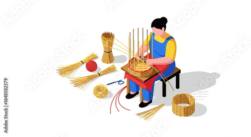 Artisan Weaving a Basket with Straw and Red Yarn