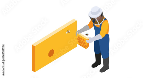 Beekeeper in Protective Gear Inspecting Honeycomb Frame