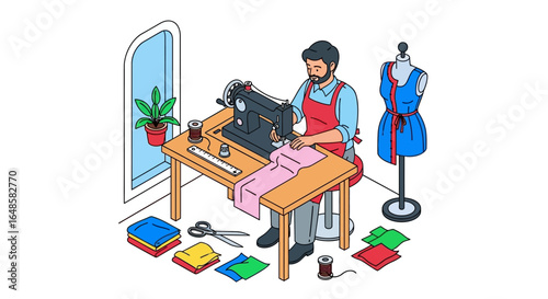 Bearded male tailor in a red apron using a sewing machine at his workshop desk.