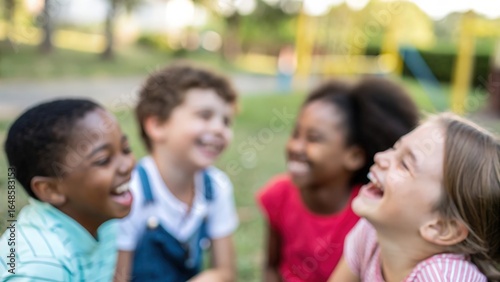 Multiethnic children in circle formation — sharing joy and laughter in playful moment
