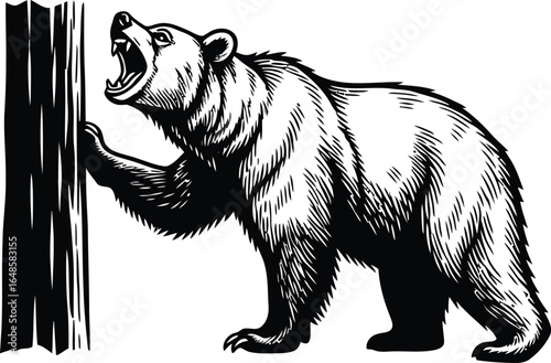 Powerful Grizzly Bear Illustration Roaring by a Tree Trunk, Symbolizing Strength and Wild Nature