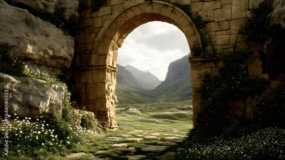 Fototapeta premium Ancient Archway View: A majestic stone archway frames a breathtaking view of rolling hills, creating a visual gateway into a landscape of tranquility and timeless beauty.