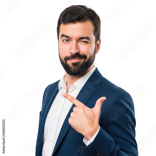 Confident businessman winking and pointing to himself isolated on transparent background