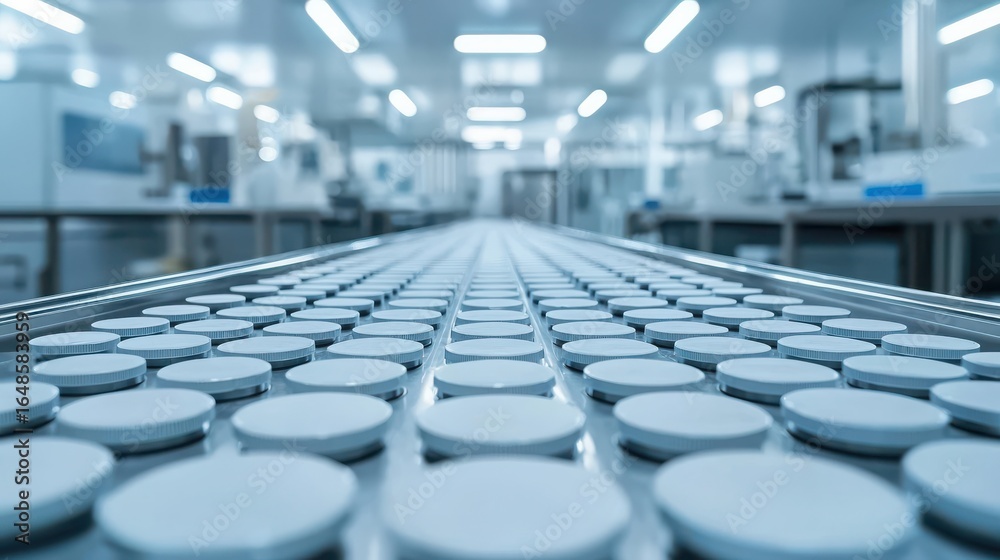 Fototapeta premium Compound Isolation Service Concept. Modern Pharmaceutical Manufacturing Facility with Tablet Production Line and Equipment
