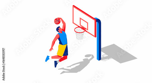 Dynamic isometric illustration of a basketball player in a colorful uniform performing a powerful slam dunk.