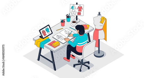 Fashion Designer Sketching New Clothing Designs at a Desk with Mannequin