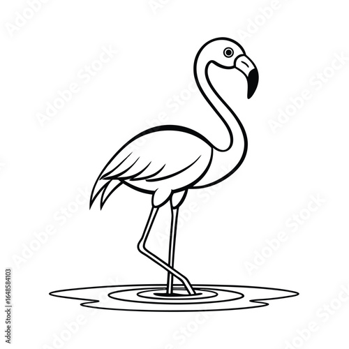 Elegant line art illustration of a greater flamingo gracefully standing in shallow calm water at sunrise