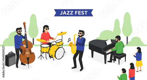 Flat vector illustration of a jazz band performing live music at an outdoor festival for an audience.