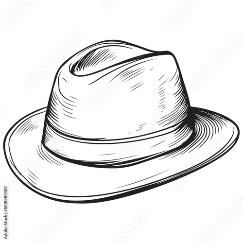 This graphic showcases a fedora hat in vintage style, rendered with minimalistic line art and placed on a crisp white background.