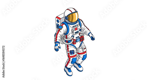 Floating astronaut illustration in a white, red, and blue spacesuit with a golden visor.