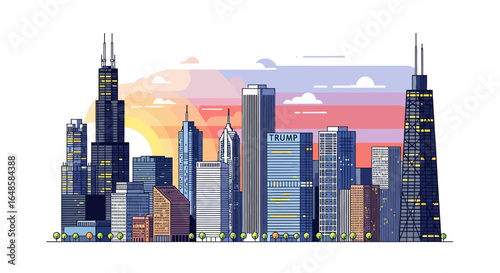 Flat vector illustration of the Chicago skyline with iconic skyscrapers and towers.