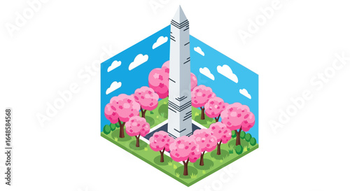 Iconic Washington Monument Surrounded by Blooming Pink Cherry Trees in Spring
