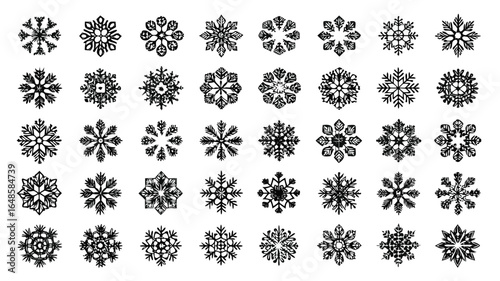 Detailed black snowflake icons set with intricate winter patterns, perfect for holiday designs, decorations, crafts, and seasonal art projects.