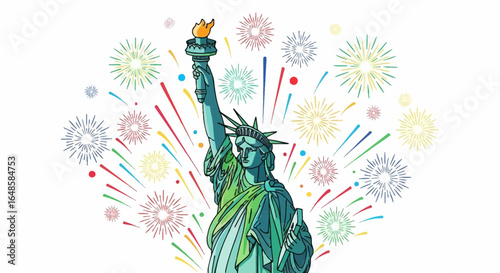 Illustrated Statue of Liberty with Torch and Crown, Green and Blue Tones