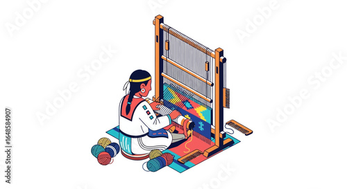 Indigenous woman weaving colorful textile on traditional wooden loom