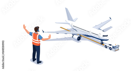 Isometric Airplane Being Towed by a Tug with Ground Crew Directing