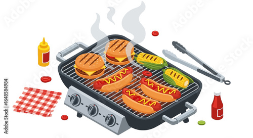 Isometric barbecue grill cooking cheeseburgers, hot dogs, and corn with condiments