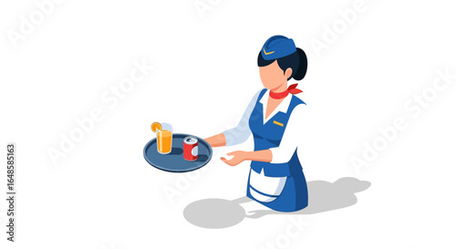 Isometric flight attendant in a blue uniform and cap serving drinks on a tray