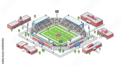 Isometric Football Stadium Illustration with Buildings and Trees, Detailed Design