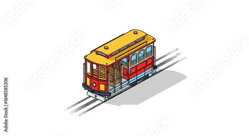 Isometric illustration of a classic red and yellow cable car on tracks, vintage cartoon style.