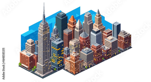 Isometric Illustration of a Bustling Cityscape with Iconic Empire State Building