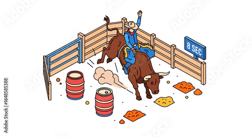 Isometric illustration of a cowboy riding a bucking bull in a rodeo pen.