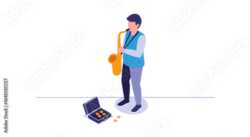 Isometric illustration of a male street musician playing a golden saxophone for coins.