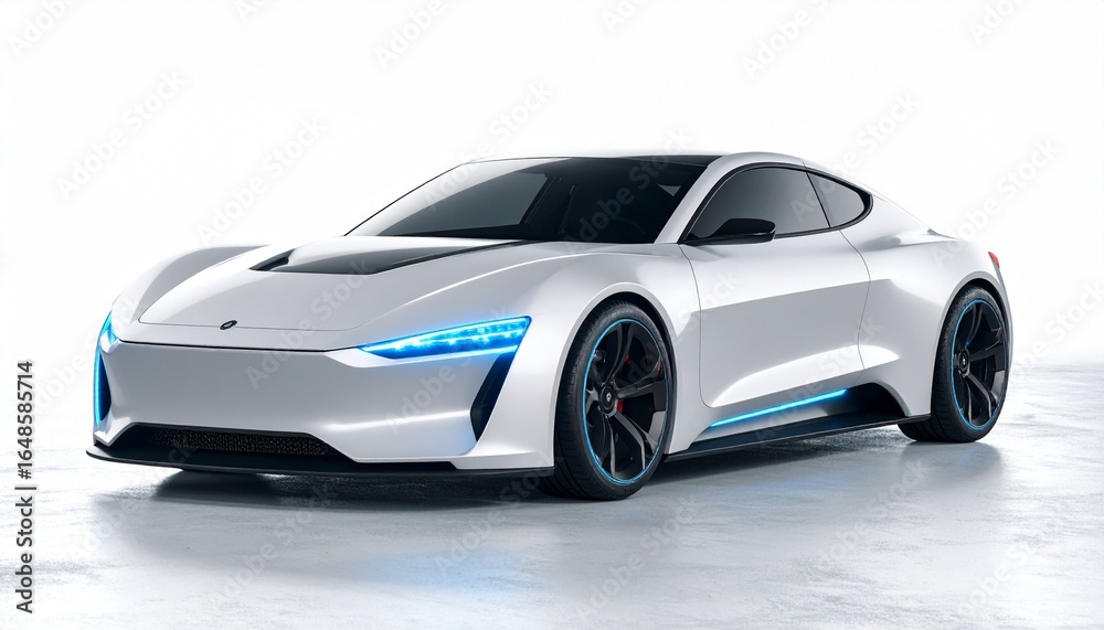 Fototapeta premium Futuristic white sports car with blue accents, low-profile aerodynamic body, black wheels, and glowing blue headlights—set on a reflective surface that amplifies its sleek, high-tech allure.