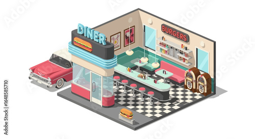 Isometric illustration of a retro 1950s American diner with a classic car.
