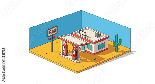 Isometric illustration of a retro desert gas station with red pumps and a saguaro cactus.