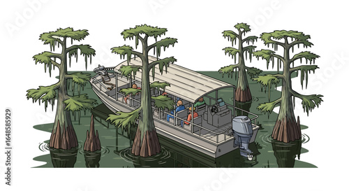 Isometric illustration of a swamp tour boat with passengers navigating through cypress trees.