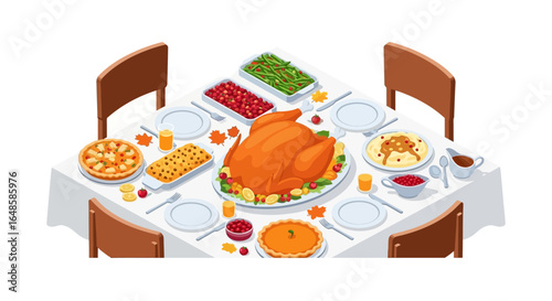 Isometric illustration of a Thanksgiving dinner table with roasted turkey, pies, and side dishes.