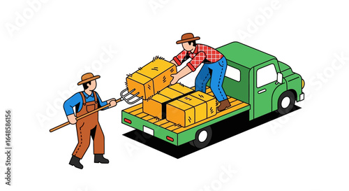 Isometric illustration of two farmers in hats loading hay bales onto a vintage green flatbed truck.