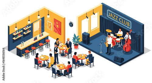 Isometric jazz club scene with live band and patrons enjoying drinks