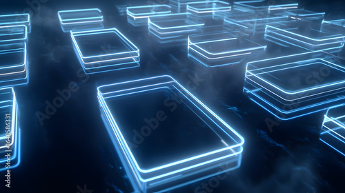 Digital Data Display: An artful collection of glowing blue data blocks in a deep, dark environment, designed to captivate and express the digital universe. 