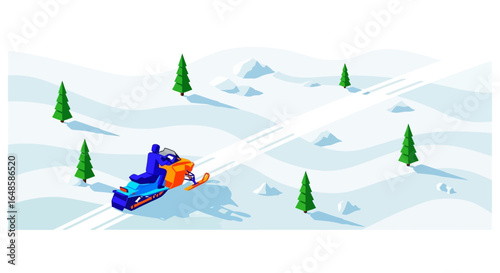 Isometric vector illustration of a person riding a colorful blue and orange snowmobile.