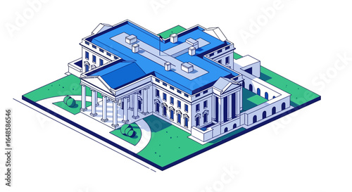 Isometric vector illustration of the White House, a neoclassical building with a blue roof and green lawn.