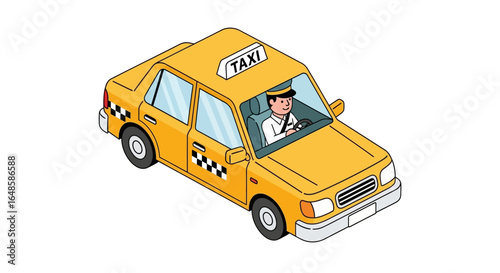 Isometric Yellow Taxi Cab with Driver, Cartoon Style, Isolated.