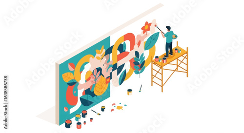 Male artist on a scaffold painting a large, colorful, abstract floral mural on a wall.