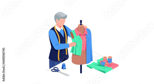 Male tailor with grey hair and measuring tape fitting a colorful garment on a mannequin in an isometric illustration.