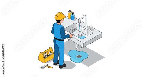 Plumber with Wrench Fixing a Leaking Sink, Isometric View