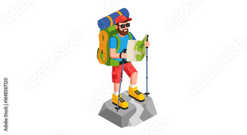 Smiling bearded hiker with a large backpack and trekking poles, checking a map while standing on a rocky outcrop.