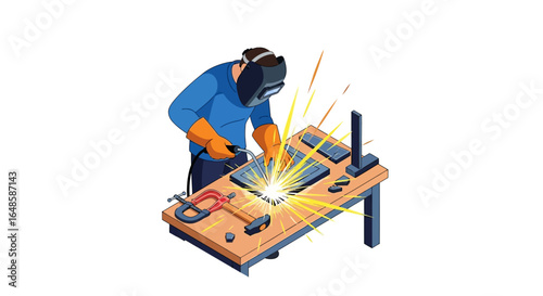 Skilled welder in protective gear creating bright sparks on metal workbench, isometric illustration.
