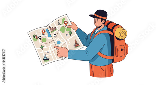 Smiling cartoon traveler with an orange backpack and cap, studying a paper map to plan his journey.