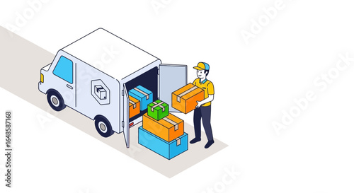 Smiling delivery worker in a yellow uniform unloading stacked colorful parcels from a white van.