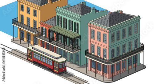 Stylized Isometric Illustration of a Red Streetcar on Tracks in Cityscape