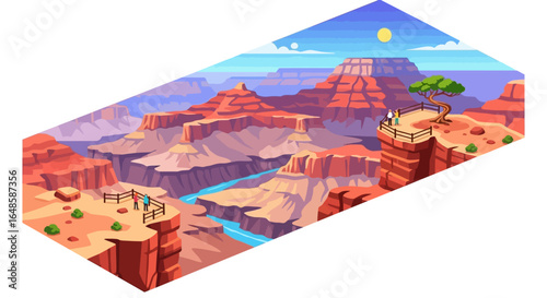 Stylized isometric illustration of the Grand Canyon with tourists on scenic overlooks.
