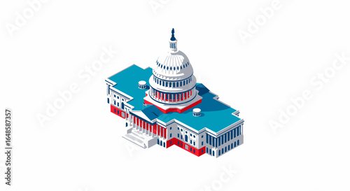 Stylized isometric illustration of the US Capitol Building in a red, white, and blue color scheme.